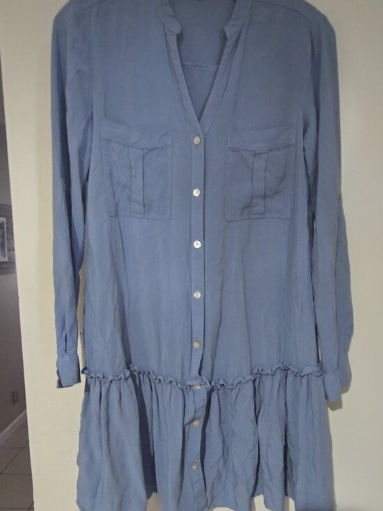 New Look Dresses & Skirts - New Look Blue Tiered Ruffle Hem Button-Up Shirt Dress Women's S